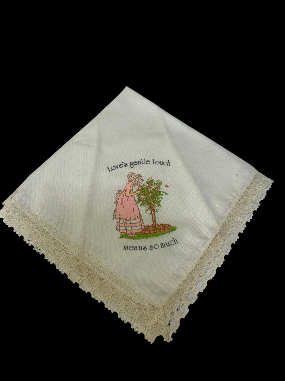Vintage Embroidered Cotton Handkerchief Lace Trim Loves Gentle Touch